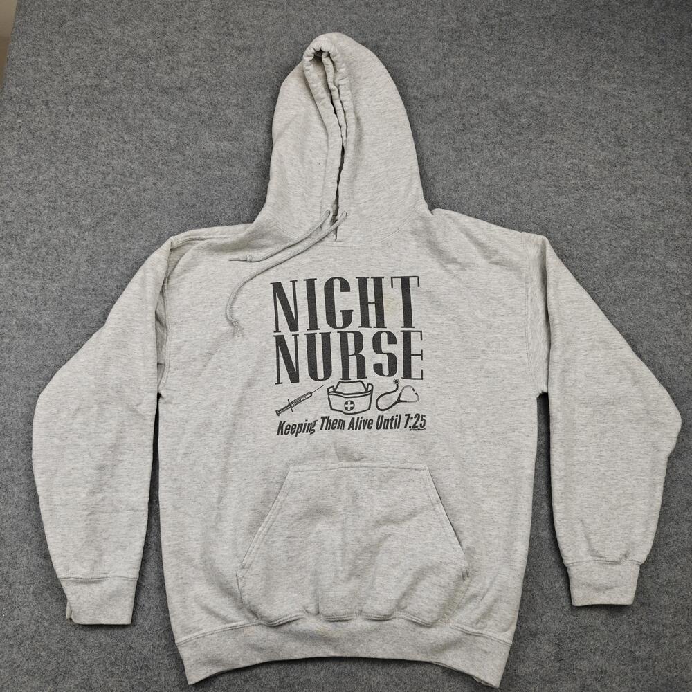 Vintage Gildan Hoodie Mens Medium Gray Pullover Hooded Night Nurse Graphic